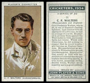C.F. Walters #31 Cricketers 1934 John Player & Sons Cigarette Card - Picture 1 of 1