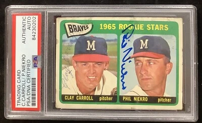 Phil Niekro Signed 1965 Topps #461 Baseball Card HOF Clay Carroll Auto PSA/DNA - Image 1 of 3
