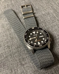 Single Pass Perlon Watch Strap / Grey Blue Weave / crown s'steel buckle 22mm - Picture 1 of 8