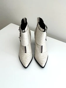 TIBI Off White Snakeskin Leather Ankle Zip Buckle Boots Size 38.5 (US 8.5) - Picture 1 of 13