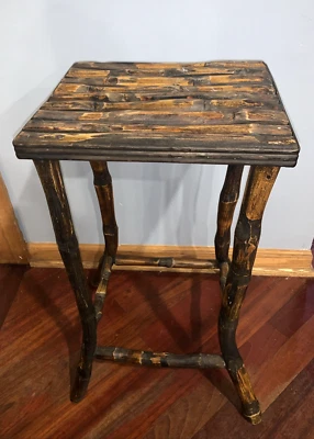 Vintage Burnt Bamboo Plant Stand Pedestal Side Table 23" H   12" X 10" Top EUC - Image 1 of 4