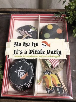 MERI MERI Pirate Party CUPCAKE KIT RED BLACK (24) cupcake cases and toppers NIP - Image 1 of 4