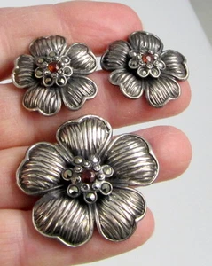 Vintage Rare Sterling Silver Garnet Marcasite Flower Brooch Pierced Earring Set - Picture 1 of 8