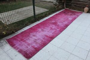 Vintage Handmade Turkish Pink Overdyed Runner Rug Carpet 152"x40",385x103cm