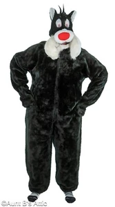 Cartoon Cat Mascot Costume 2 Piece Handmade Blk Faux Fur Jumpsuit & Soft Head XL - Picture 1 of 8