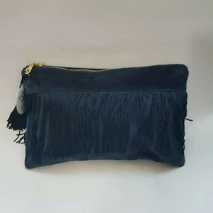 Paper Source Exclusive Fringe Pouch Purse Medium Navy Velvet NWT - Picture 1 of 7