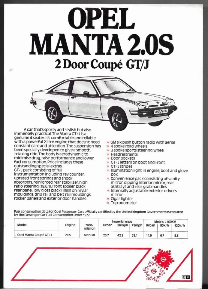 Opel Manta GT/J 2.0S 2-dr Coupe 1980-1981 UK Market Single Sheet Sales Brochure - Image 1 of 1