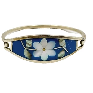 Brazalete con bisagras vintage de los años 80 con incrustaciones de alpaca con caparazón de abulón México tono plata - Imagen 1 de 24