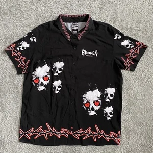 Broken Promises Mens Black Skulls 100% Rayon Short Sleeve Button Up Shirt Sz XL - Picture 1 of 6
