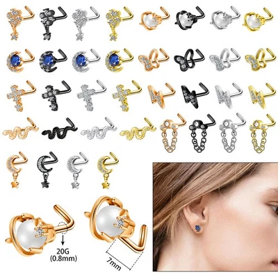 9PCS Stainless Steel CZ Nose Studs Rings L-Shaped Piercing Pin Body Jewelry 20G - Image 1 of 4