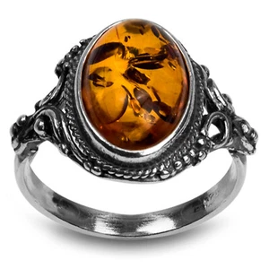 Hermoso anillo de diseñador ovalado ámbar báltico miel plata esterlina pura maciza 925 - Imagen 1 de 8