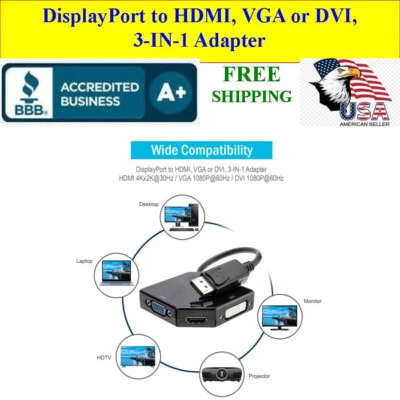 DisplayPort Male to HDMI, VGA or DVI Female, 3-IN-1 Adapter. Unidirectional - Image 1 of 4
