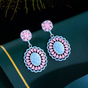 Silver Plated CZ Pink Blue Dangle Drop Earring for Women Charming Flower Jewelry