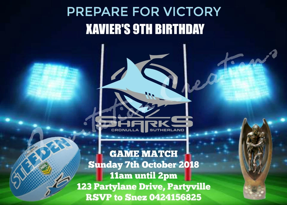 Hágalo usted mismo Impresión Personalizada NRL CRONULLA TIBURONES CAMPO DE FÚTBOL Invitaciones de Fiesta de Cumpleaños Foto 1 de 1