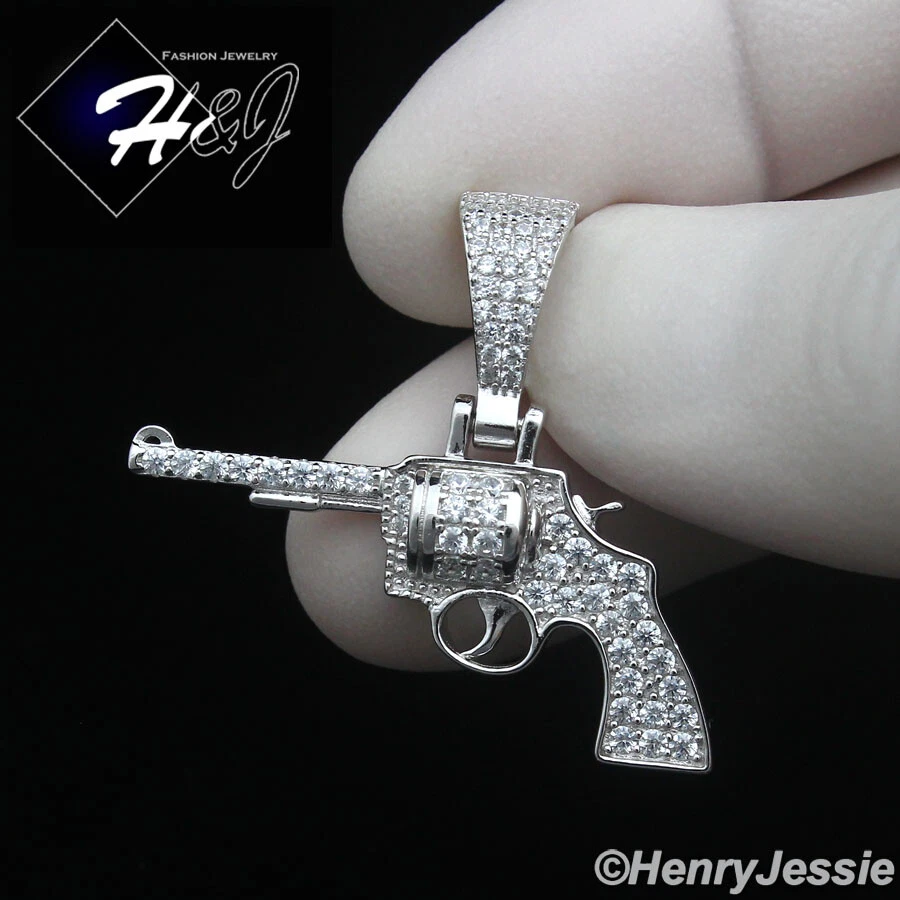 MEN WOMEN 925 STERLING SILVER ICY CZ GOLD PLATED/SILVER GUN SHAPE PENDANT*SP455 - Image 1 of 1