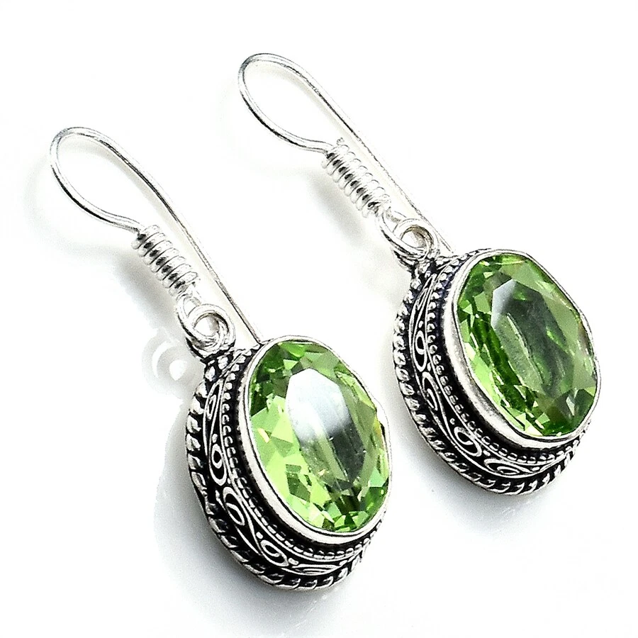 Green Amethyst  Gemstone Handmade 925 Sterling Silver Jewelry Earring Size 1" - Image 1 of 1