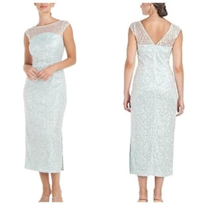JS Collections CLAIRE Tea Length Sequined Dress Sz 10 Light Aqua Frozen - Image 1 of 4