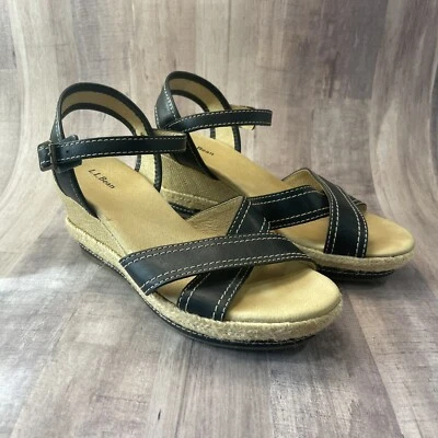 LL Bean на танкетке сандалии женщин 7 M черный кожаный лодыжки ремень Espadrilles туфли - Изображение 1 из 4