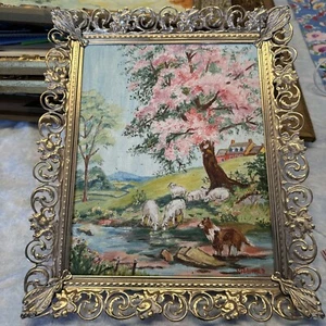 Oil On Canvas Framed Painting Border Collie And Sheep Signed Artist - Picture 1 of 8