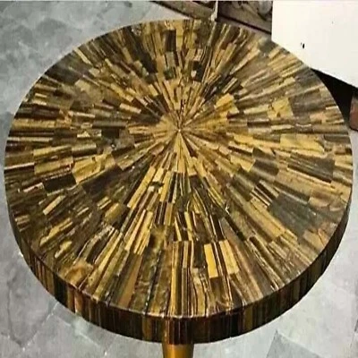 Round Tiger Eye Coffee Tea Table Top Crystal Stone & Luxury Counter Desk Decors - Image 1 of 4