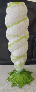 Bohemia Kralik "Meteor" Vase - White Frit Glass Trailing Green Applied 10 1/4" - Picture 1 of 4