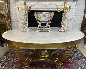 Super Vintage French Gold Leaf 72″ Round White Marble Entry/ Dining Table C1920