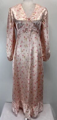 Vestido Floral De Colección Hecho a Mano Satén Rosa Atado Trasero Casa Núcleo Pradera Largo Años 70 Foto 1 de 4