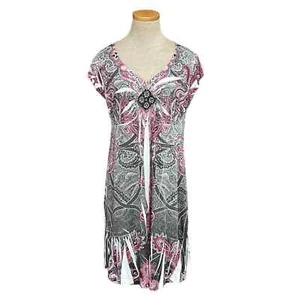 Unity Travel Para Dress L Large Pink Black Paisley NWT Beaded Short Sleeve - Picture 1 of 15