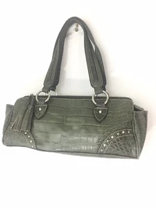 Tommy Hilfiger Dark Green Faux Crocodile Embossed HandBag Purse Tassel Zippered - Picture 1 of 9