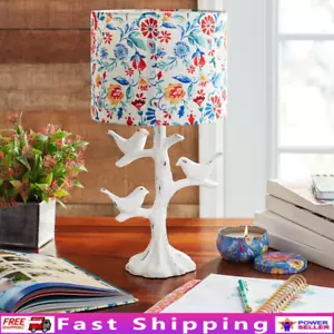 Mazie Birds Table Lamp W/ Linen Shade Rustic Resin Base Country Decor Lighting - Picture 1 of 13