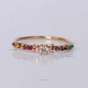 14k Solid Yellow Gold Multi Gemstone with Natural Diamond Crescent Ring Jewelry - Picture 1 of 9
