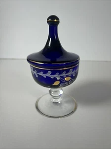 Vintage Cobalt Blue Glass Pedestal Candy Dish W/ Lid Blue& Gold Floral Design 6’ - Picture 1 of 13