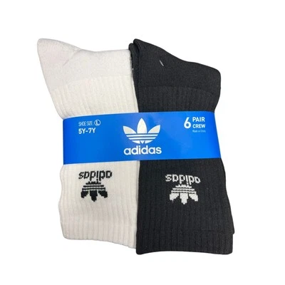 Adidas Originals Youth Crew Socks, 6 Pack, Black/White, Large 5Y-7Y - Image 1 of 4