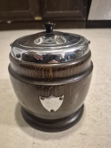 Vintage Antique Oak Biscuit Barrel Ceramic Porcelain Interior Lining W/Lid - Picture 1 of 10