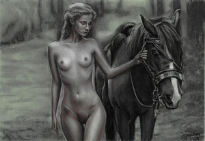original drawing A3 160DmO artwork pastel modern realism naked woman&horse - Picture 1 of 3