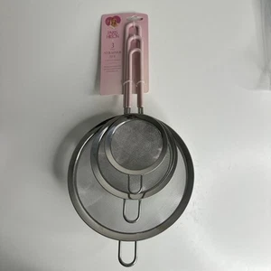 NWT PARIS HILTON 3 Piece Stainless Steel Strainer Set With Pink Handles 4” 5” 7” - Picture 1 of 9