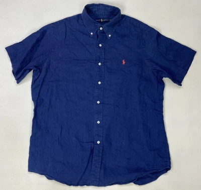 Polo Ralph Lauren Linen Button Up Shirt Men Large Blue Pony Short Sleeve - Image 1 of 4