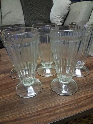 5 Vintage Soda Fountain Milk Shake Glasses, Ribbed, 1950's 7" tall - Image 1 of 4