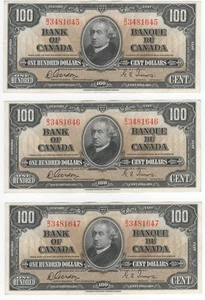 Banco de Canadá 1937 $100 dólares lote de 3 billetes consecutivos Gordon-Towers AV+/UNC - Imagen 1 de 2