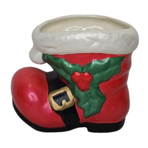 Fioriera Natalizia Vintage Ceramica Babbo Natale Stivale Agrifoglio Hobbista Dipinto A Mano  - Foto 1 di 9