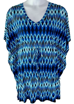 Vestido Calvin Klein tamanho 14 azul quimono manga esvoaçante cordão geométrico - Imagem 1 de 4