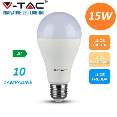 KIT 10 LAMPADINE LED V-TAC VT-2015 E27 BULBO 15 WATT A65 KIT10 LAMPADINA LAMPADA - Immagine 1 di 4