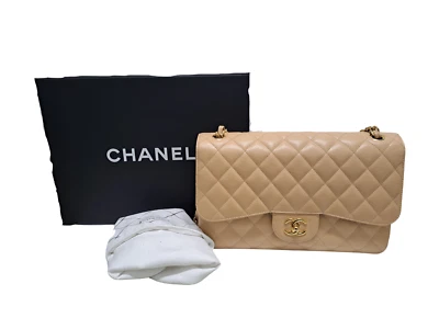 Chanel Beige Acolchado Piel de Cordero Caviar Doble Solapa Oro Herrajes 2014 2015 Jumbo Foto 1 de 4