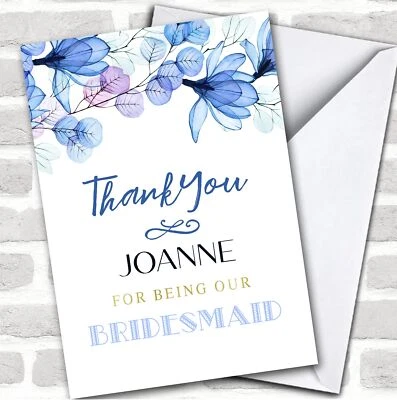 Tarjeta personalizada azul de gracias por ser nuestra dama de honor Foto 1 de 2