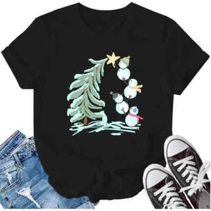 Christmas Women's Shirt Snowman Pattern Printed Cotton fallow T-shirt Top - Picture 1 of 12