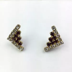 Vintage geometrische goldfarbene Ohrringe klar rubinrot Strass 7/8" - Bild 1 von 4