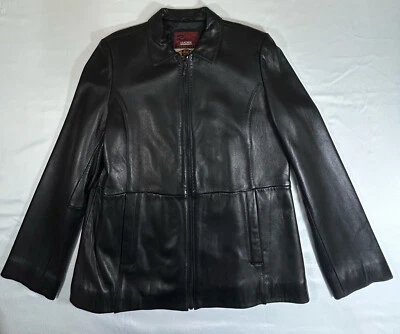 Chaqueta negra vintage de cuero genuino de caña para mujer talla grande Foto 1 de 4