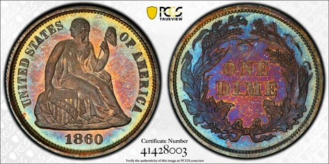 1860 10c PCGS PR-67+CAC SEATED LIBERTY DIME. ONLY 1 HIGHER IN PROOF NON-CAMEO! Cover