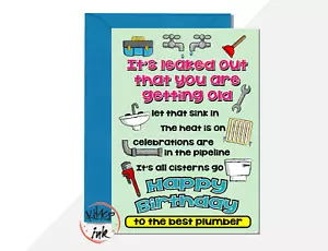 Tarjeta de cumpleaños de fontanero comerciante divertida. Instalador de baño de plomería ingeniero de calefacción - Imagen 1 de 3