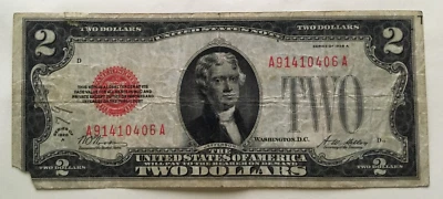 1928 A $2 Legal Tender FR 1502 Red Seal AA block missing corner & tiny torn - Image 1 of 2